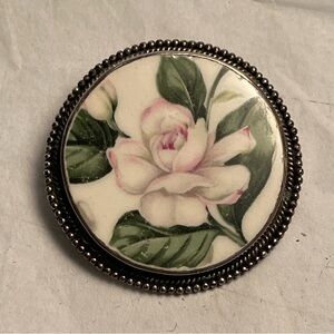 Vintage Magnolia Porcelain Ceramics Sterling silver Jewelry Brooch Pendant 1.75”